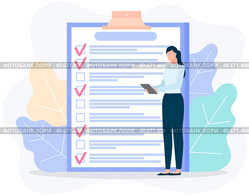 Month scheduling, to do list, time management concept. Woman stands near to do plan and planning schedule. Plan fulfilled, task completed, timetable sheet. Lady works with check list planning. Woman stands near to do list and planning schedule. Plan fulfilled, task completed, timetable sheet. Стоковая иллюстрация, агентство Ingram Publishing / Фотобанк Лори