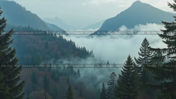Moody and spooky cinematic forest pass by window. Clouds and fog on mountain cover forest valley. Majestic woods on autumn or winter day in highlands. Стоковое AI-видео, аниматор Sergey Grishin / Фотобанк Лори