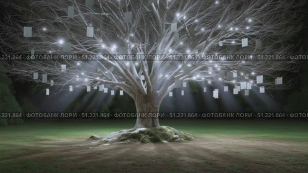 Moonlit meadow scene featuring softly glowing tags gently swinging from wishing tree branch, creating dreamy ethereal nighttime ambiance with delicate illumination. Стоковое AI-видео, аниматор Юрий Поздников / Фотобанк Лори