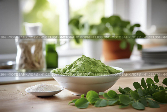 Moringa leaves and moringa powder on the table. Стоковое AI-изображение, AI-художник Ольга Ильина / Фотобанк Лори