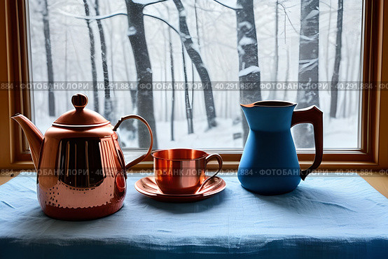 Morning aromatic coffee on a frosty winter morning. Image generated by artificial intelligence. Стоковое AI-изображение, AI-художник Сергей Елизарьев / Фотобанк Лори