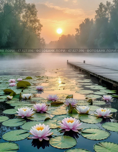 Morning fog on the forest river. River landscape. Стоковое AI-изображение, AI-художник Сергей Елизарьев / Фотобанк Лори