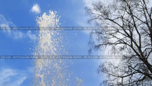 Мощная струя воды на фоне голубого неба и голого высокого дерева. Капли и брызги разлетаются в разные стороны. Водяной столб бьет вверх и падает вниз. Городской фонтан или авария на трубопроводе крупным планом. A powerful jet of water against a background of blue sky and a bare tall tree. Drops and splashes fly in different directions. The water column hits up and falls down. A city fountain or a pipeline accident in close-up. Стоковое видео, видеограф Ирина / Фотобанк Лори