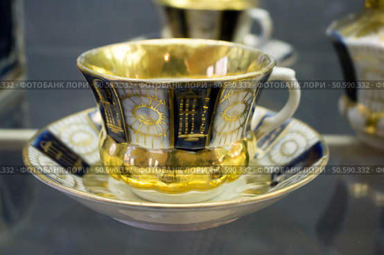 Moscow, Russia - March 1, 2025: The exhibition of the famous Russian brand Gzhel is the production of tableware and other ceramic products. Редакционное фото, фотограф Татьяна Васильева / Фотобанк Лори