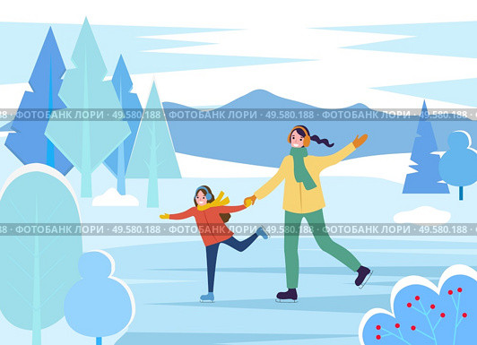 Mother and daughter spending winter vacation together. Mom and kid on ice rink improving figure skating skills. Landscape with mountains and pine trees, bushes with red berries, vector in flat. Mom and Daughter Figure Skating on Rink Together. Стоковая иллюстрация, агентство Ingram Publishing / Фотобанк Лори