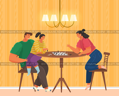 Mother, father and daughter playing board game together. Family members playing chess at home together, parents with child thinking of chess strategy during game. Competition between adults and kids. Mother, father and daughter playing board game together. Family members playing chess at home. Стоковая иллюстрация, агентство Ingram Publishing / Фотобанк Лори