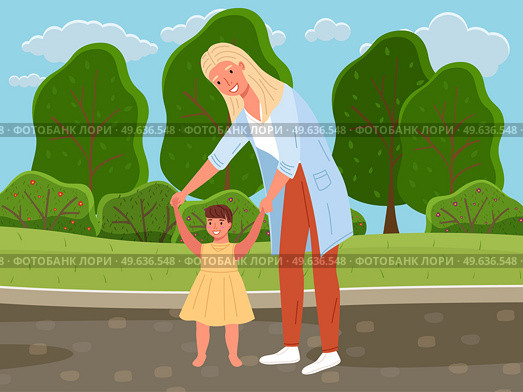 Mother teaches her daughter to walk walk on her own. Baby takes first steps. Family is walking in summer park. Parent spends time with child in nature. Mom holds baby by hands while walking. Baby takes first steps. Mother teaches her child to walk. Mom holds baby by hands while walking. Стоковая иллюстрация, агентство Ingram Publishing / Фотобанк Лори