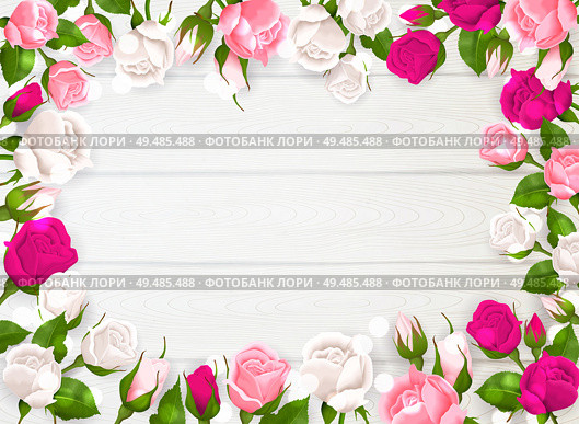 Mothers day frame with pink white and fuchsia colors of roses on white wooden background vector illustration. Стоковая иллюстрация, агентство Ingram Publishing / Фотобанк Лори