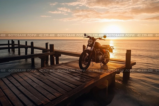 Motorcycle sea sunset horizont. Generate Ai. Стоковое AI-изображение, AI-художник Иван Рябоконь / Фотобанк Лори
