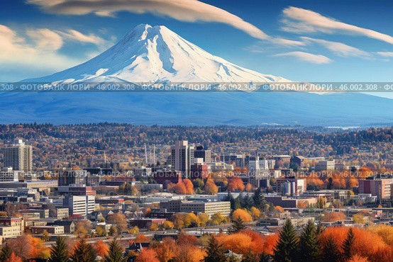 Mount hood dominating the skyline of eugene, oregon, during a vibrant autumn day. Стоковое AI-изображение, AI-художник Иван Рябоконь / Фотобанк Лори
