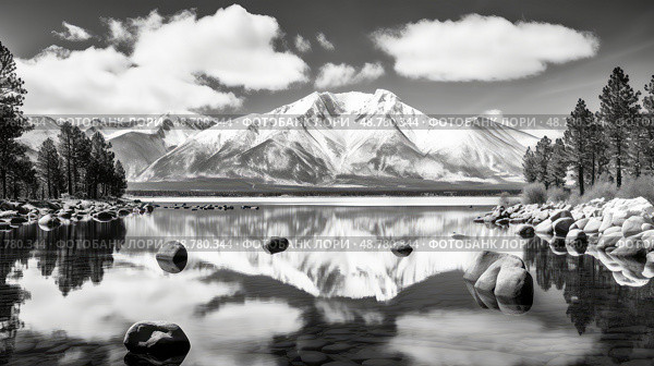 mountains lake tahoe black and white ai generated. Стоковое AI-изображение, AI-художник Vectorwin / Фотобанк Лори