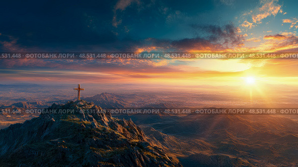 Mountaintop Cross Silhouette Against a Vibrant Dawn. Стоковое AI-изображение, AI-художник Данила Большаков / Фотобанк Лори