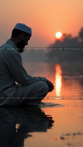 Mourner by a River at Twilight Whispers Prayers, Reflecting on Serenity and Nature. evoking Spiritual Retreats and Remembrance. Стоковое AI-изображение, AI-художник Sergey Grishin / Фотобанк Лори