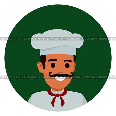 Moustached smiling chief-cooker in white toque and tunic vector illustration. Kitchener portrait in green circle on white background.. Moustached Smiling Chief-Cooker in Green Circle. Стоковая иллюстрация, агентство Ingram Publishing / Фотобанк Лори