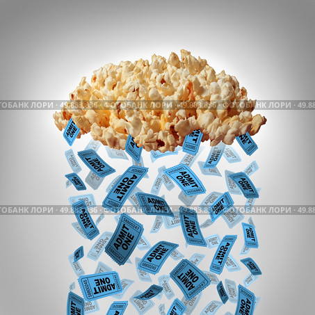 Movie popcorn concept as a group of popped corn shaped as a rain cloud raining theater or cinema tickets as a symbol for mobile media entertainment from the internet for buying admission or watching streaming shows from a virtual server. Стоковое фото, агентство Ingram Publishing / Фотобанк Лори