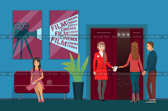 Movies theater interior, cinema hall worker and viewers vector. Woman with ticket on couch check-taker, video camera picture on wall, plant and entrance. Cinema Hall, Movies Theater Worker and Viewers. Стоковая иллюстрация, агентство Ingram Publishing / Фотобанк Лори