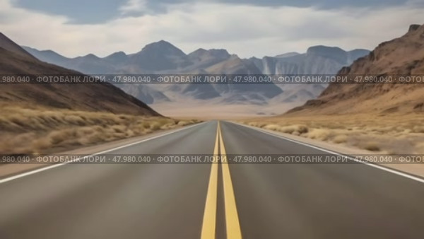 Moving on a road with a dividing line going into the distance against the background of mountains. Стоковое AI-видео, аниматор Михаил Строгалев / Фотобанк Лори