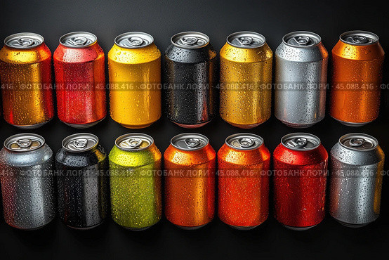 Multicolor abstract pattern many soda drinks cans top view on dark background. Recycling aluminum or metal empty cans from above. Group of cans for reuse and recycle. Стоковое AI-изображение, AI-художник Ирина Михайличенко / Фотобанк Лори