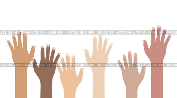 Multicultural and multiethnic people community integration concept with raised human hands. Racial equality of different culture and countries background. Vector Illustration.. Multicultural and multiethnic people community integration concept with raised human hands. Racial equality of different culture and countries background. Vector Illustration. Стоковая иллюстрация, агентство Ingram Publishing / Фотобанк Лори