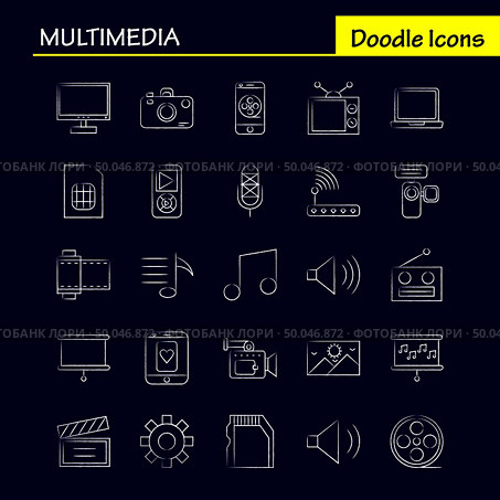 Multimedia Hand Drawn Icon for Web, Print and Mobile UX/UI Kit. Such as: Gear, Maintain, Setting, Tool, Adjustment, Speaker Computer, Hardware, Pictogram Pack. - Vector. Стоковая иллюстрация, агентство Ingram Publishing / Фотобанк Лори