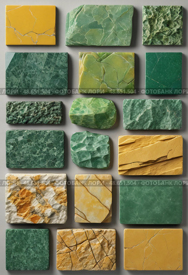 Multiple unakite blocks display unique green and yellow patterns, highlighting the natural beauty and geological diversity of metamorphic rocks Generative AI. Стоковое AI-изображение, AI-художник Юлия Петровская / Фотобанк Лори