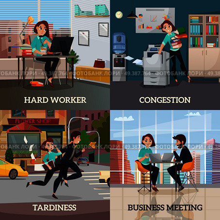 Multitasking 2x2 design concept set of business meeting hard worker congestion and tardiness flat square compositions vector illustration. Multitasking 2x2 Design Concept. Стоковая иллюстрация, агентство Ingram Publishing / Фотобанк Лори