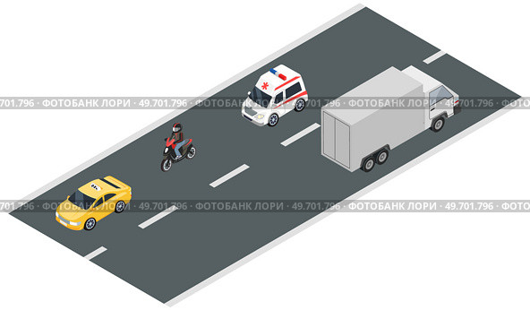Municipal transport moves along road of city. Ambulance car, police, public city bus and motorcycle or moped. Vehicle for transporting passengers and patients. Automobile driving on highway of town. Municipal transport moves along road of city. Ambulance car, police, public city bus and motorcycle. Стоковая иллюстрация, агентство Ingram Publishing / Фотобанк Лори