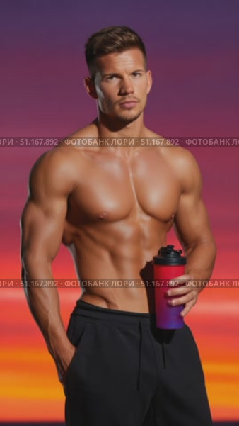 Muscular sportsman gripping protein shaker, standing against sunset sky, revealing athletic build and fitness commitment. Стоковое AI-видео, аниматор Юрий Поздников / Фотобанк Лори