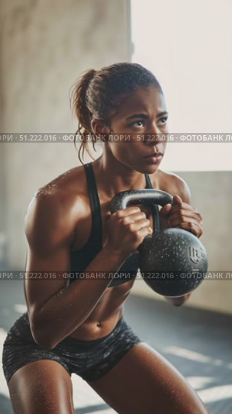 Muscular woman performing intense kettlebell squats, demonstrating fitness prowess with powerful movements, sweating during challenging workout in modern gym setting. Стоковое AI-видео, аниматор Юрий Поздников / Фотобанк Лори