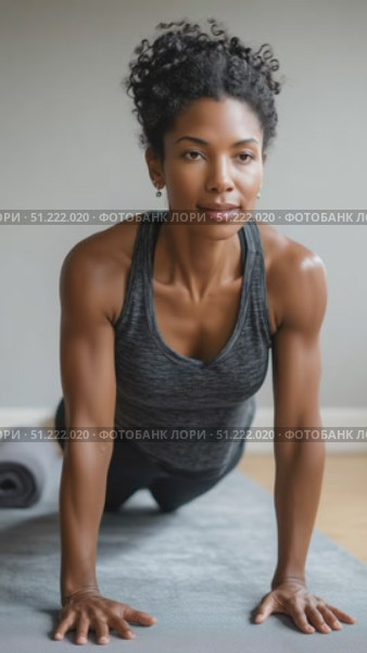 Muscular woman practicing upward facing dog pose, curly hair flowing, gray tank top stretching on minimalist yoga mat indoors. Стоковое AI-видео, аниматор Юрий Поздников / Фотобанк Лори