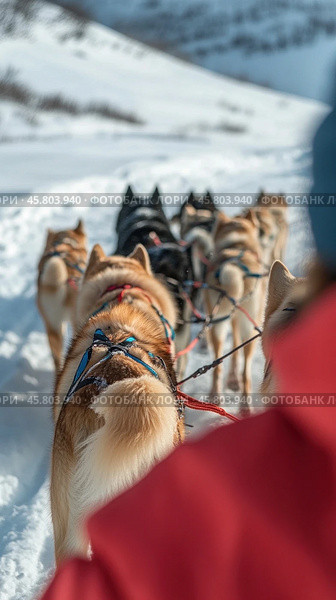 Musher driving sled dogs pulling sled in snowy mountain landscape. Стоковое AI-изображение, AI-художник Юрий Поздников / Фотобанк Лори