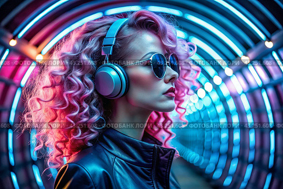 Music lover. A young beautiful girl in sunglasses listens to music in large wireless headphones while standing in a neon tunnel against a background of neon signs. Стоковое AI-изображение, AI-художник Photojuli / Фотобанк Лори