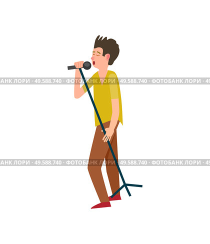 Music performance concert man with microphone vector. Isolated stylish man with mike musician vocalist with mic entertaining people, person at karaoke. Music Performance Concert Man with Microphone. Стоковая иллюстрация, агентство Ingram Publishing / Фотобанк Лори