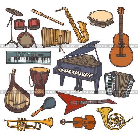 Musical instruments sketch colored icon set with flute trumpet xylophone isolated vector illustration. Стоковая иллюстрация, агентство Ingram Publishing / Фотобанк Лори