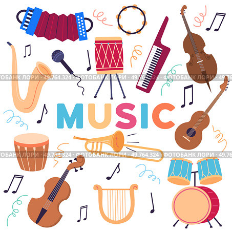 Musical instruments vector illustration. Classical melodies fill air, as instruments blend in perfect harmony Embrace symphonic magic as musical instruments craft melodic journey. Musical instruments. Musical instruments metaphorically dance, creating rhythmic spectacle. Стоковая иллюстрация, агентство Ingram Publishing / Фотобанк Лори