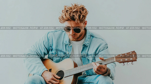 Musical Serenade: A Man in Denim Plays an Acoustic Guitar. Стоковое AI-изображение, AI-художник Данила Большаков / Фотобанк Лори