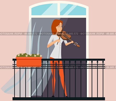 Musician playing violin. Girl violinist play classical musical instrument standing at balcony. Vector illustration street musician passionate about music and notes, classical orchestra artist. Musician playing violin. Girl violinist play classical musical instrument stands on balcony. Стоковая иллюстрация, агентство Ingram Publishing / Фотобанк Лори