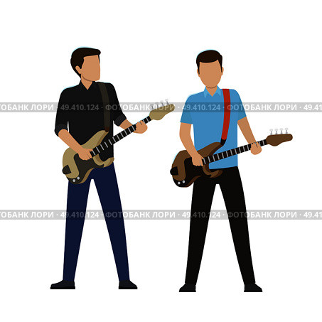 Musicians play on electric and bass guitar isolated vector illustration on white background. Music performance on modern instruments.. Male Characters Play on Electric and Bass Guitars. Стоковая иллюстрация, агентство Ingram Publishing / Фотобанк Лори