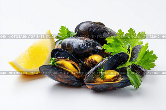Mussels isolated on white background. Gourmet Spicy Mussels opened garnished with fresh green parsley and lemon slices served. Asian Style. Delicious seafood. Clams in the shells. Shellfish food. Стоковое AI-изображение, AI-художник Марина Демидюк / Фотобанк Лори