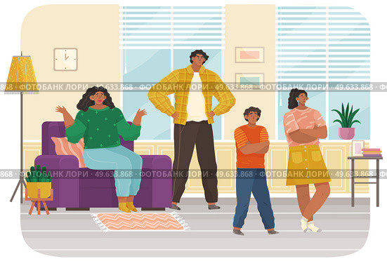 Mutual relations of parents and children, mom and dad scream and scold their naughty children, negative teenagers emotions. Family conflict. Angry parents and sad child, problems in education. Mutual relations of parents and children, mom and dad scream and scold their naughty children. Стоковая иллюстрация, агентство Ingram Publishing / Фотобанк Лори