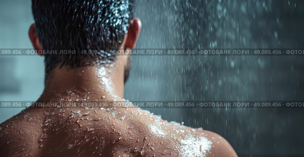 Мужчина принимает душ, капли воды стекают по его голове и плечам. Стоковое AI-изображение, AI-художник Катерина Бондарец / Фотобанк Лори