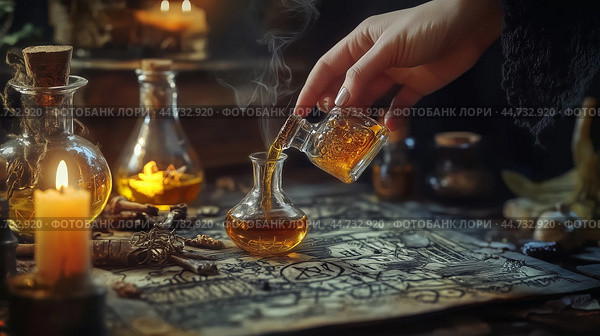 Mysterious alchemist pouring a glowing potion in a dimly lit room filled with candles and ancient magical artifacts. Стоковое AI-изображение, AI-художник Сергей Толмачёв / Фотобанк Лори