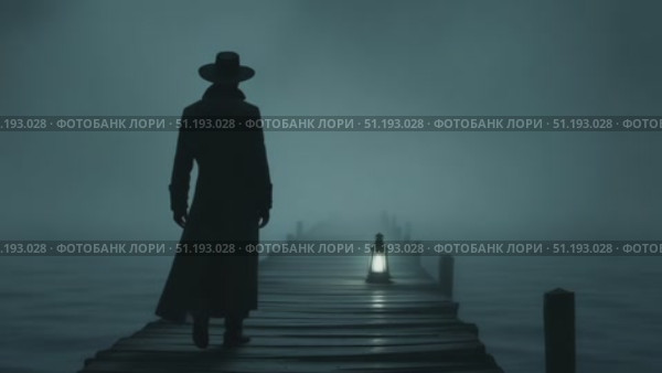 Mysterious figure in long coat walks along foggy pier illuminated by lantern light. Стоковое AI-видео, аниматор Данил Руденко / Фотобанк Лори