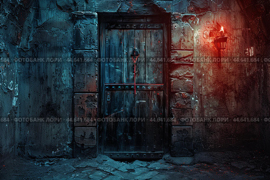 Mysterious medieval doorway with torches at night. Стоковое AI-изображение, AI-художник Иван Рябоконь / Фотобанк Лори
