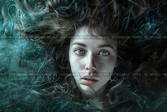 Mysterious woman emerging from dark teal smoke and light streaks. Стоковое AI-изображение, AI-художник Иван Рябоконь / Фотобанк Лори