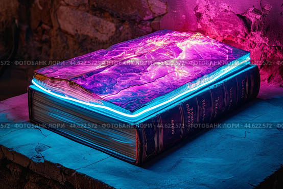 Mystical ancient book under neon lights. Стоковое AI-изображение, AI-художник Иван Рябоконь / Фотобанк Лори