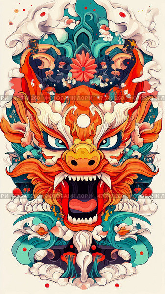 Mythic Beast: Vibrant Floral Dragon Head Artwork, Festive Theme Design for a Bold Print or Poster. Стоковое AI-изображение, AI-художник Данила Большаков / Фотобанк Лори