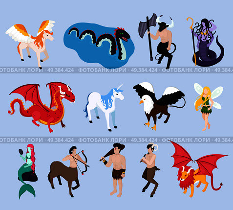 Mythical creatures isometric icons with unicorn, mermaid and fairy, pegasus and winged lion, griffin, isolated vector illustration. Mythical Creatures Isometric Icons. Стоковая иллюстрация, агентство Ingram Publishing / Фотобанк Лори