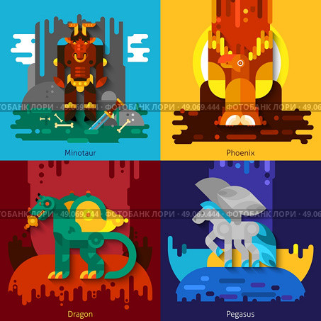 Mythical Creatures Minotaur Dragon Phoenix Pegasus. Four flat mythical creatures with minotaur and dragon and phoenix and pegasus set vector illustration. Стоковая иллюстрация, агентство Ingram Publishing / Фотобанк Лори