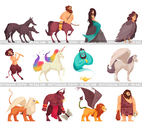 Mythical magical creatures spirits monsters cartoon stile icons set with cyclops mermaid centaur unicorn cerberus vector illustration. Стоковая иллюстрация, агентство Ingram Publishing / Фотобанк Лори